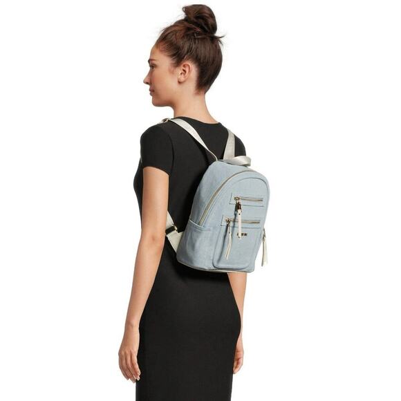 Madden NYC Women's Mini Backpack with Embellished Pouch, Denim, Tassels White - Picture 6 of 6